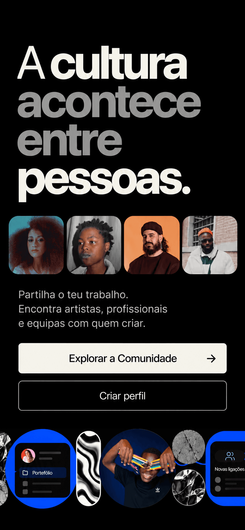 Portefólios, retratos e ligações da comunidade DUA numa composição azul